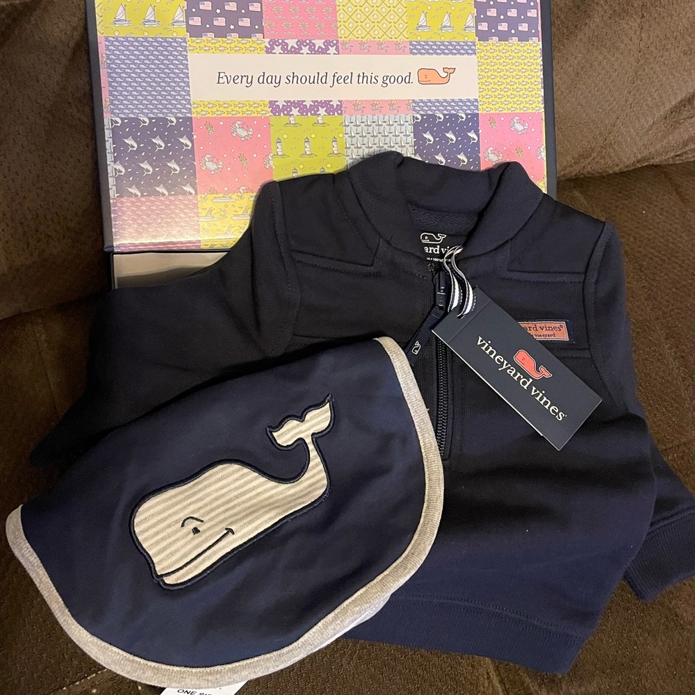 NWT Vineyard Vines Baby Shep Shirt and Bib Gift Set with Gift Box 0-3 Months